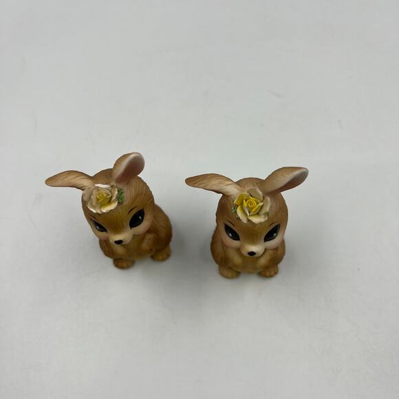 Vintage Josef Originals 2 Ceramic Bunny Rabbits Yellow Rose Bent Ears Figurines - Picture 7 of 8